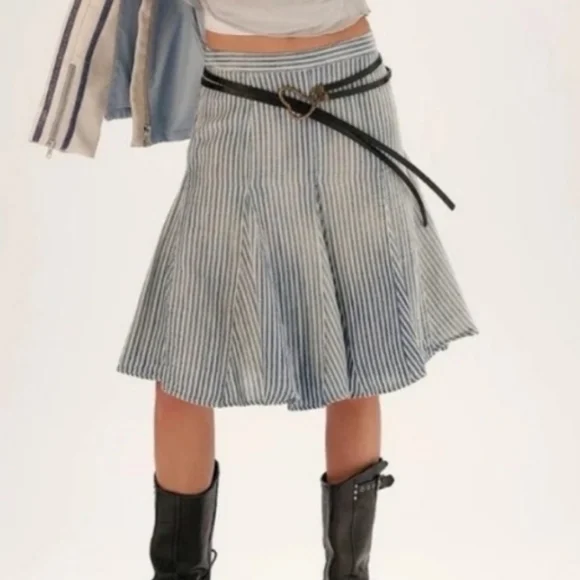 Free People Candace Midi Skirt Blue Stripe Medium - Picture 3 of 10